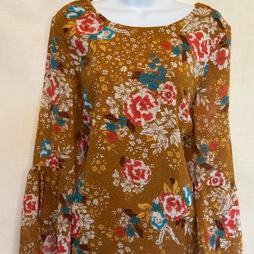 E-187 Charlotte Russe PLUS SIZE 1X Tan Red & Teal Long Bell Sleeve MIDI Dress - Picture 3 of 14